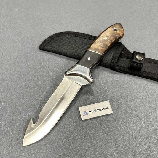 ZD01R Multi Purpose Laminated Wood Handle Hunting Knife Field Dressing Gut Hook Tactical High Grade Steel Knife with Nylon Pouch