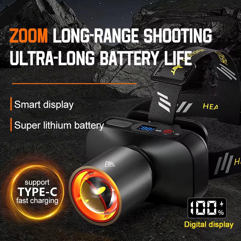🔦 Rechargeable Zoom Hunting Headlamp (USB-C) – Long Range LED Light colour: white laser(digital display wiring+800mah