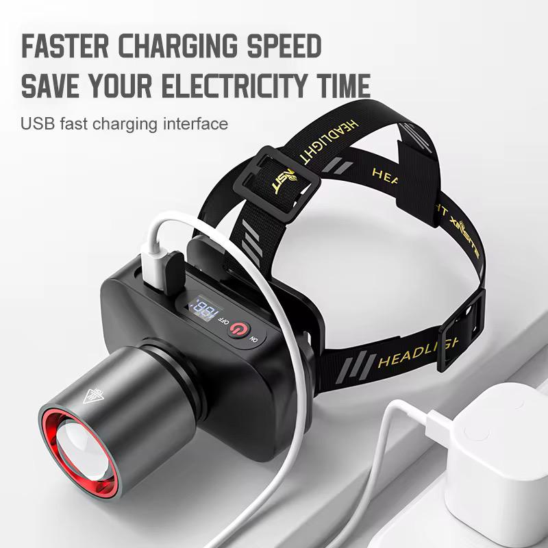 🔦 Rechargeable Zoom Hunting Headlamp (USB-C) – Long Range LED Light colour three light white laser(white yellow purple light+1200mah