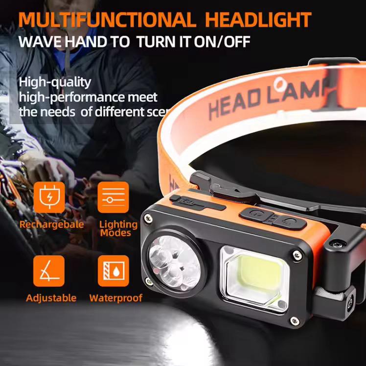 🔦 Rechargeable LED Headlamp – Motion Sensor Tactical Headlight